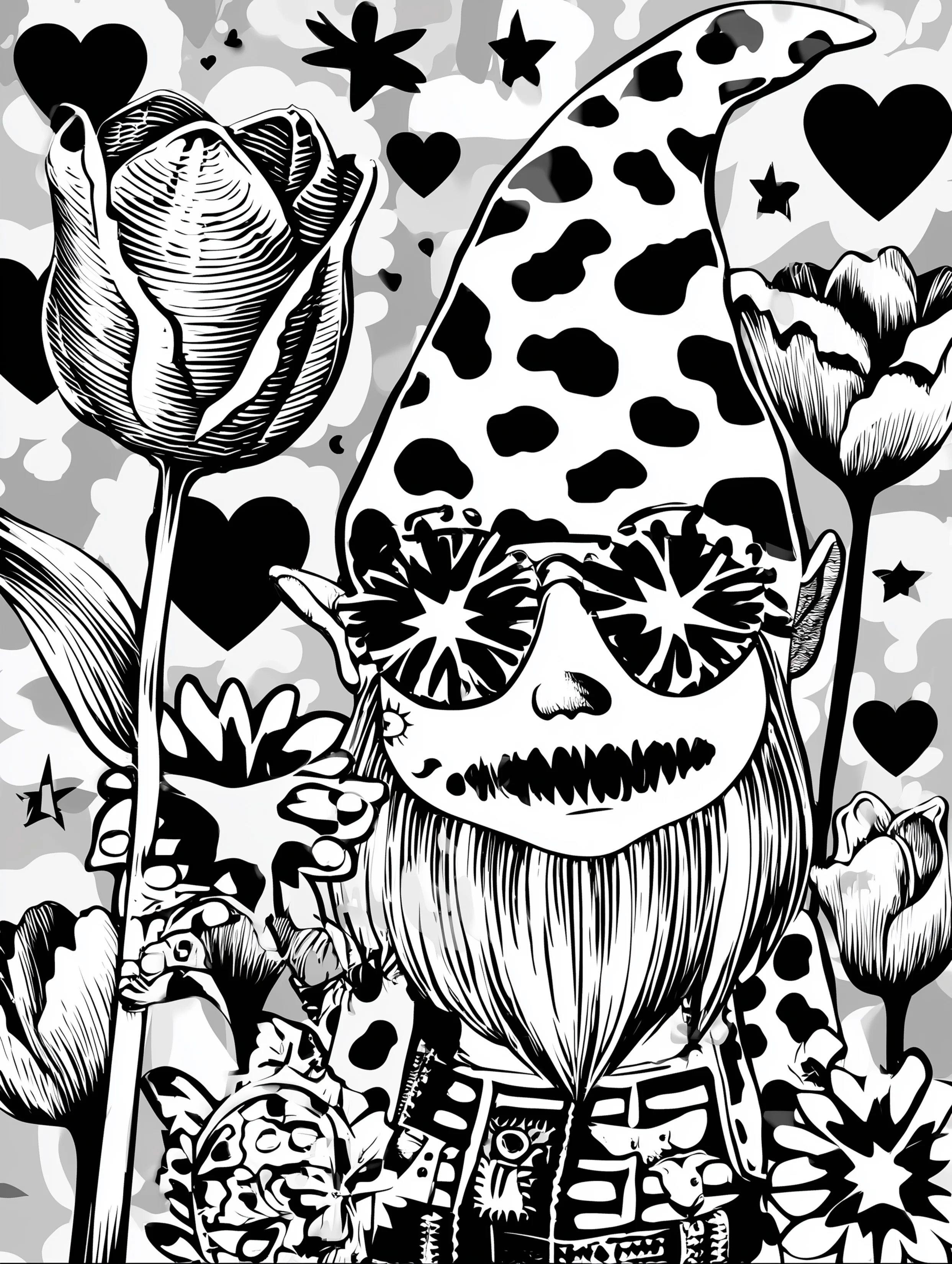 Free printable gnome coloring page for adults featuring a gnome with orange slice eyes